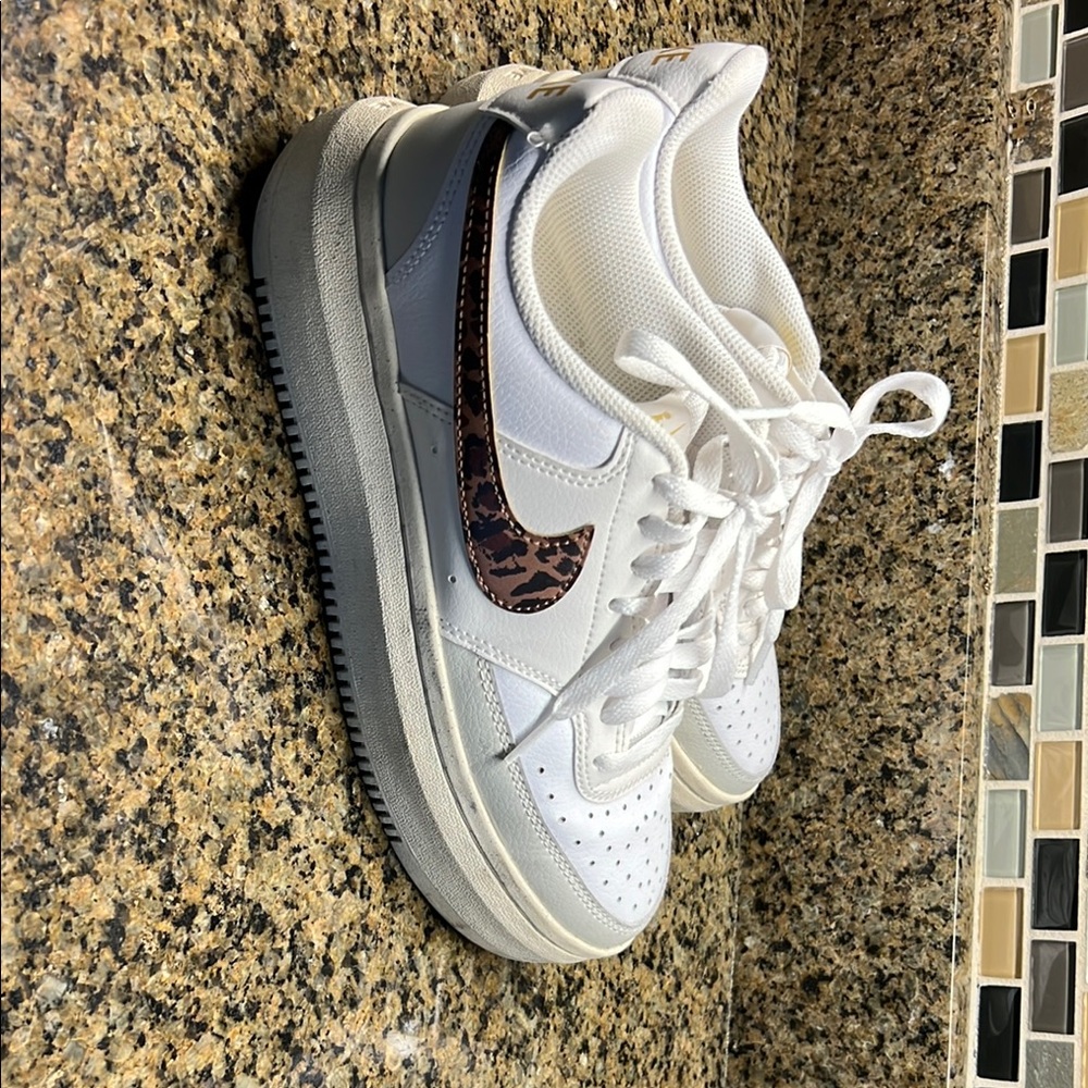 White Sneakers with Leopard Print Swoosh